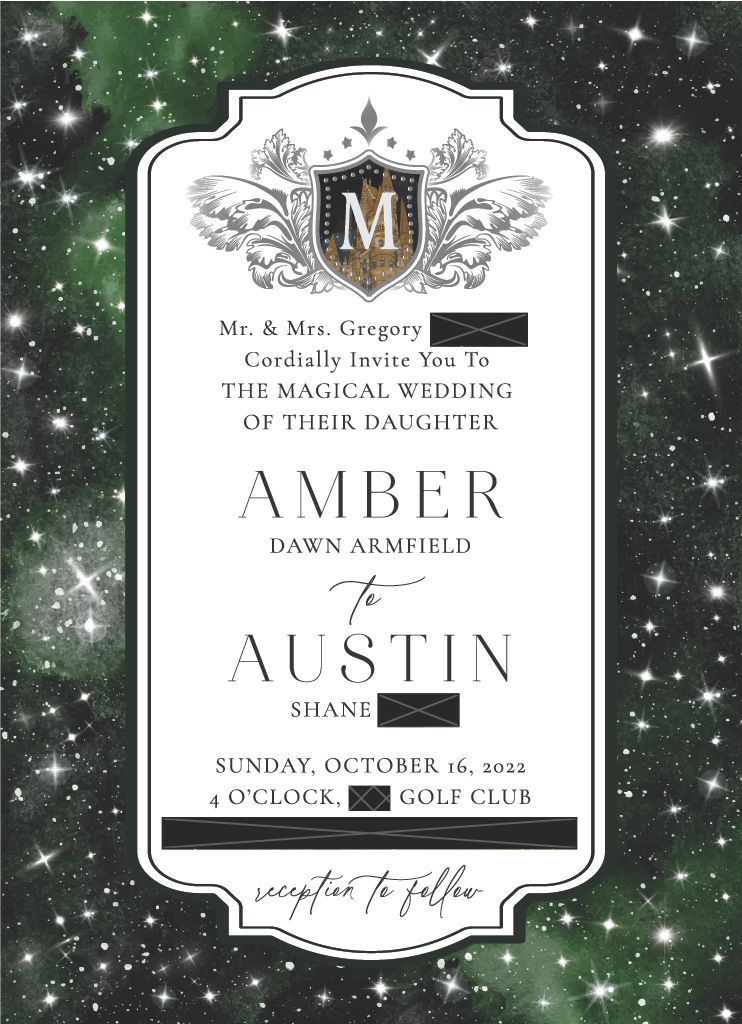 Magical wedding invitation with a green starry border