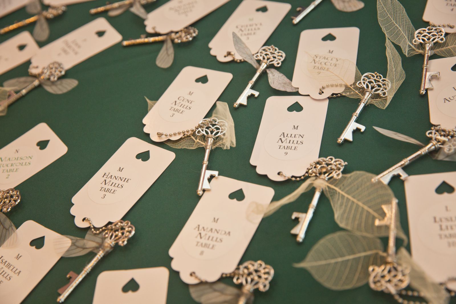 Wedding favors with ornate silver keys, delicate leaves, and personalized table tags